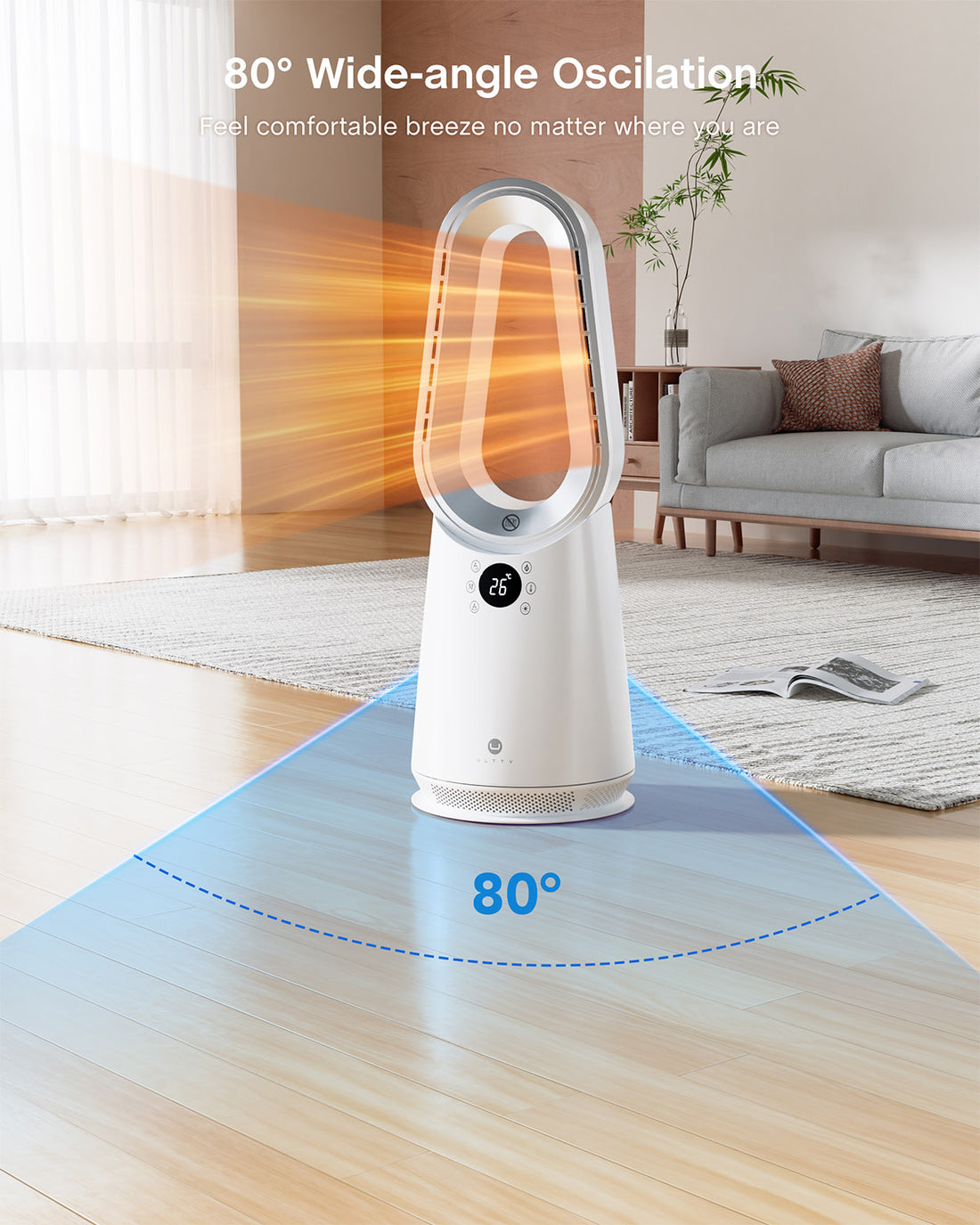 ULTTY Space Heater, Portable Electric Heaters and Cooler Fan Combo with Remote, 80°Oscillation, 9 Speeds, 3 Modes, 8 Timer, 6 Colors LED Light, Fast Safety Heat and Quiet for Office Bedroom Home