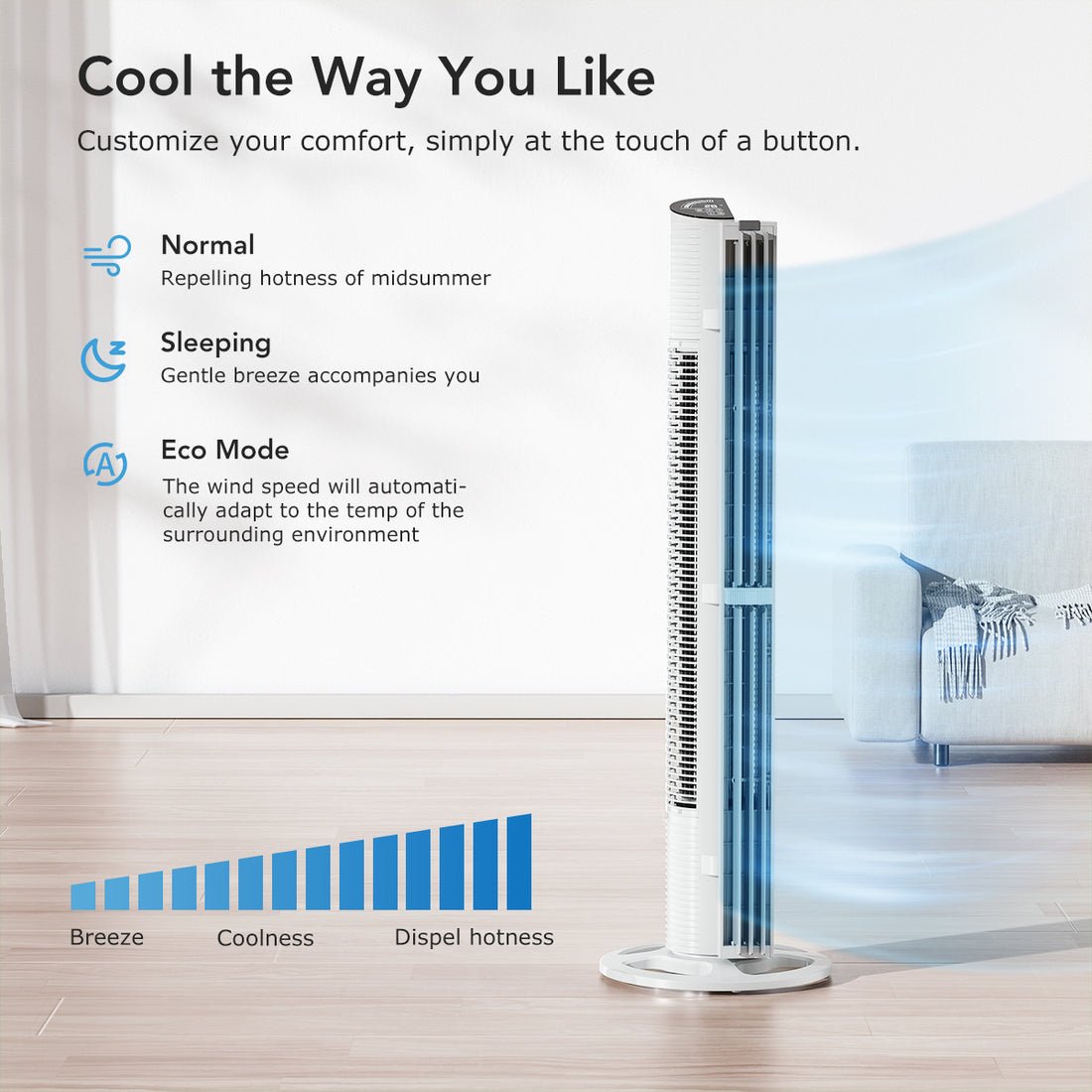 ULTTY Tower Fan for Bedroom, 30ft/s Velocity Quiet Floor Fan, 60° Oscillating Fans for Indoors with 6 Speeds, 4 Modes, 15H Timer, Standing Fans, 40 inch Bladeless Fan for Home, Living Room, White