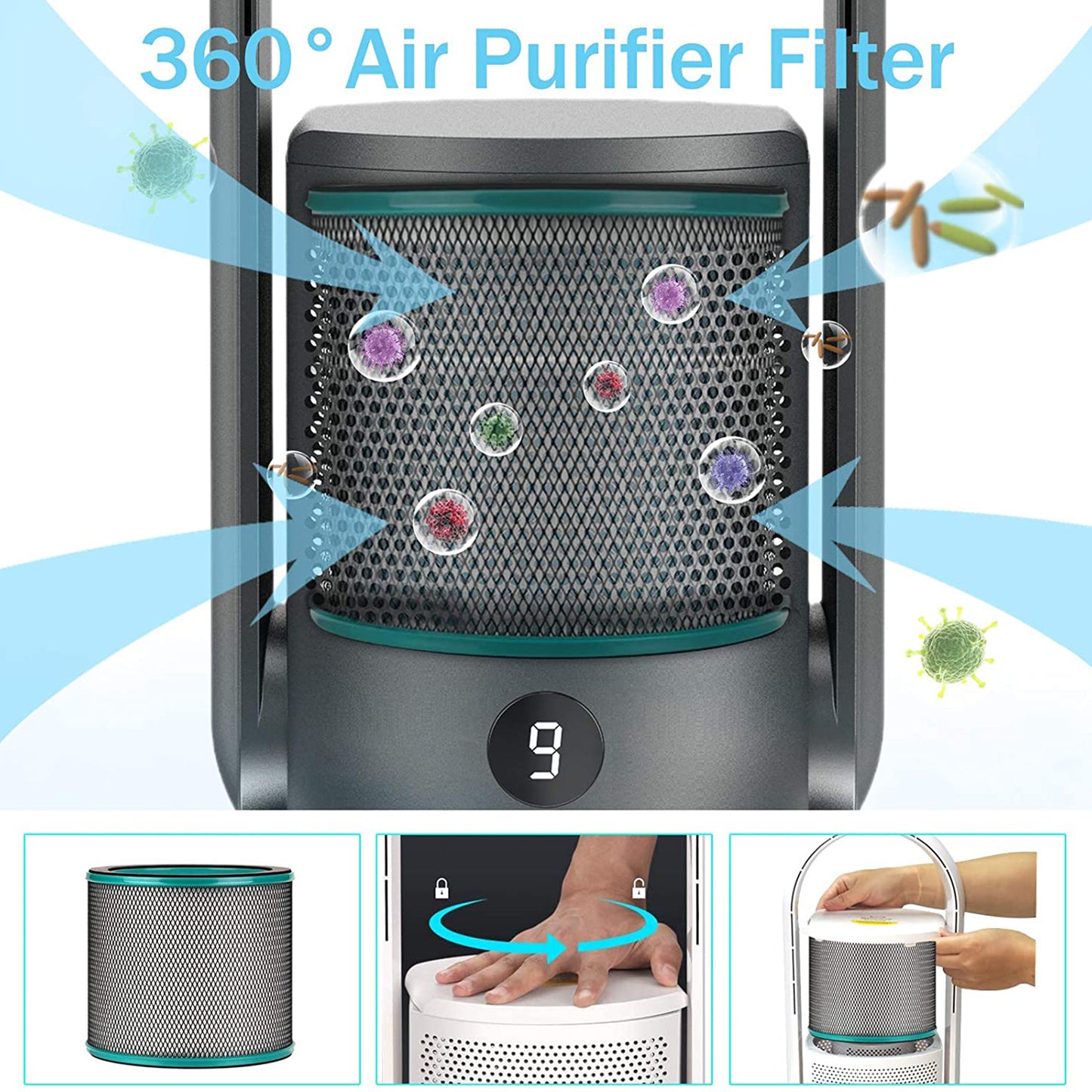 ULTTY Bladeless Tower Fan and Air Purifier in one, True HEPA Filter 99.97% Smoke Dust Pollen Dander, Oscillating Tower Fan with Remote Control R021,White/Black