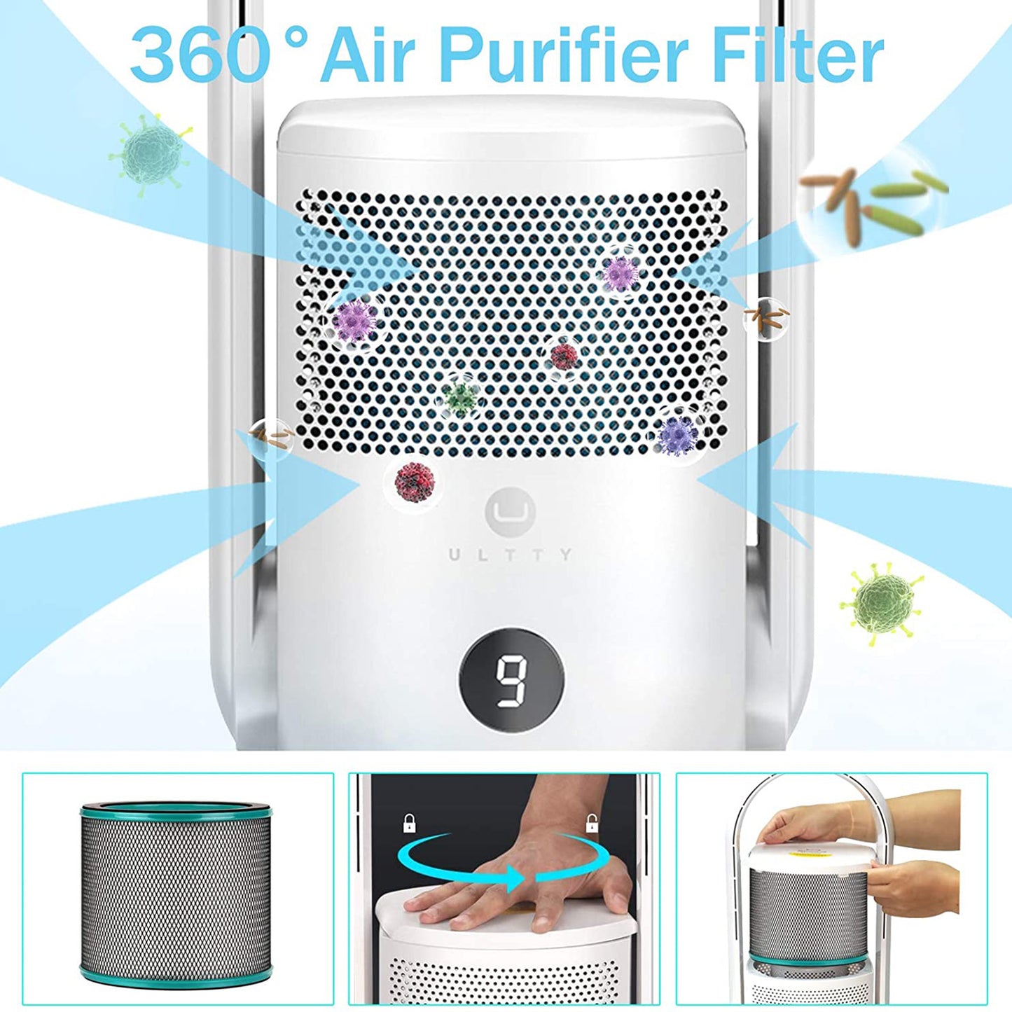 ULTTY Bladeless Tower Fan and Air Purifier in one, True HEPA Filter 99.97% Smoke Dust Pollen Dander, Oscillating Tower Fan with Remote Control R021,White/Black