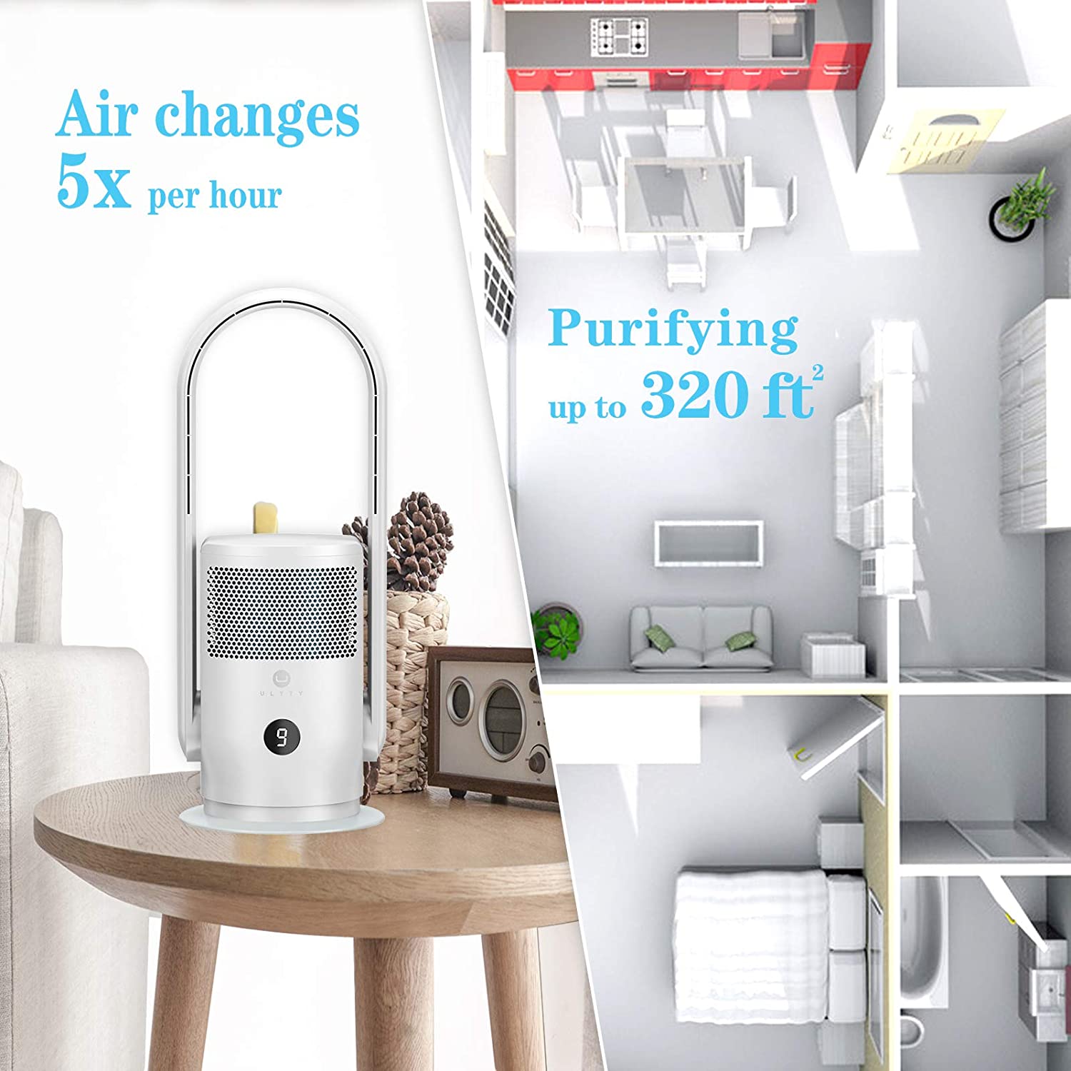 ULTTY Bladeless Tower Fan and store Air Purifier in one, 90° Oscillating Bladeless Fan